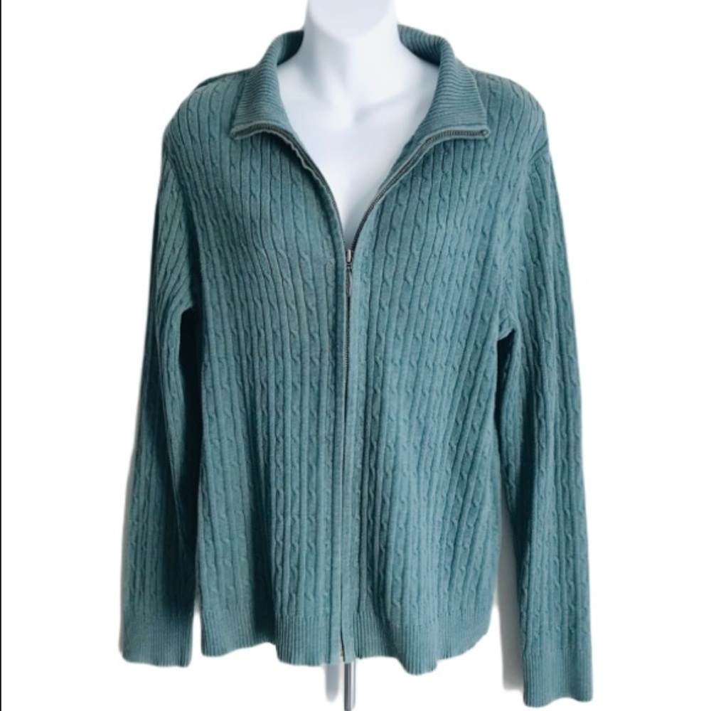 🎀Eddie Bauer Olive Color Large Size Cable Knit Full Zipper Sweater Cardigan